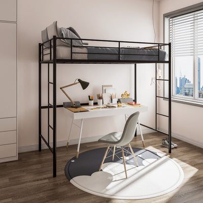 Twin Size Space-saving Metal Loft Bed with Full-Length Guardrail and 2 Ladders-Black