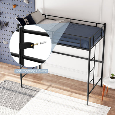 Twin Size Space-saving Metal Loft Bed with Full-Length Guardrail and 2 Ladders-Black