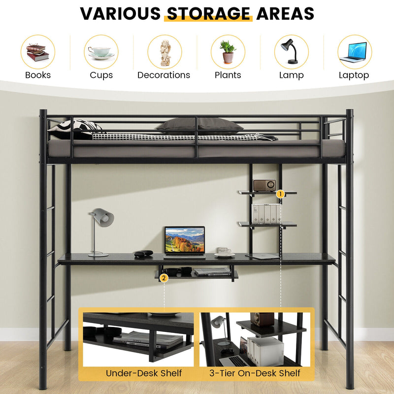 Twin Size Loft Bunk Bed with Desk Storage Shelf and Full Length Ladders-Black