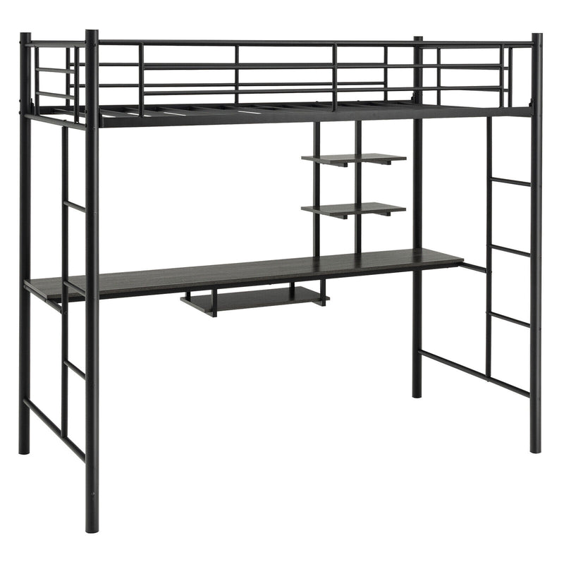 Twin Size Loft Bunk Bed with Desk Storage Shelf and Full Length Ladders-Black