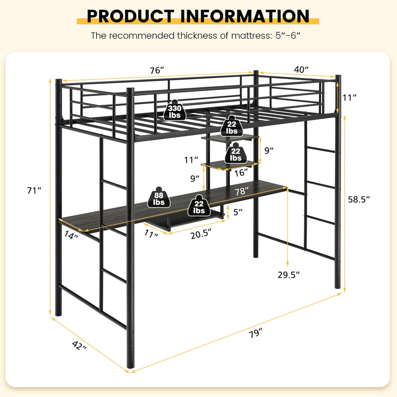 Twin Size Loft Bunk Bed with Desk Storage Shelf and Full Length Ladders-Black