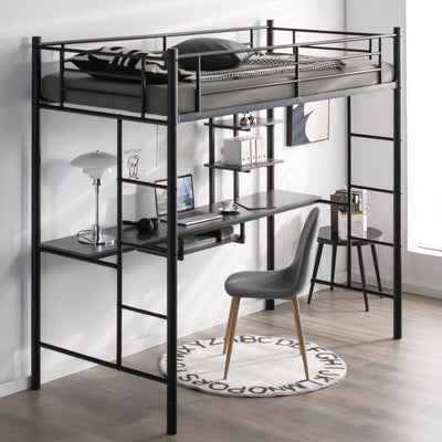 Twin Size Loft Bunk Bed with Desk Storage Shelf and Full Length Ladders-Black