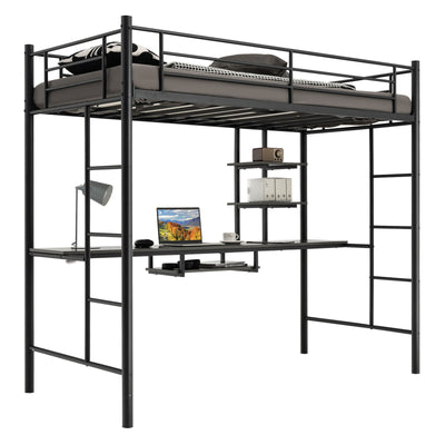 Twin Size Loft Bunk Bed with Desk Storage Shelf and Full Length Ladders-Black