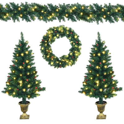 4 Pieces Christmas Decoration Set with Garland Wreath and Entrance Trees