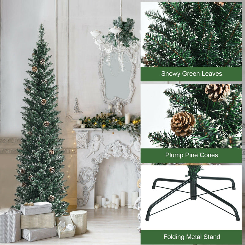 Snowy Artificial Pencil Christmas Tree with Pine Cones-6 ft