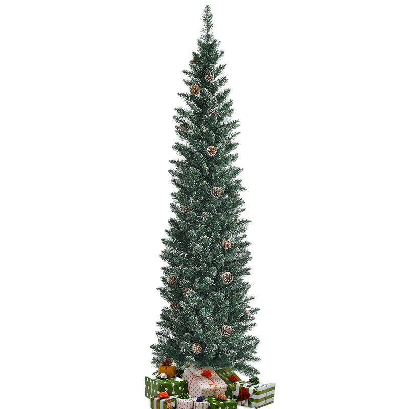 Snowy Artificial Pencil Christmas Tree with Pine Cones-6 ft