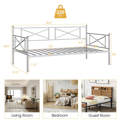 Metal Daybed Twin Bed Frame Stable Steel Slats Sofa Bed-Silver