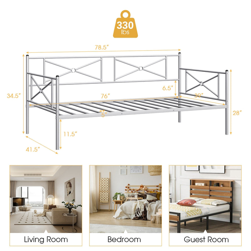 Metal Daybed Twin Bed Frame Stable Steel Slats Sofa Bed-Silver