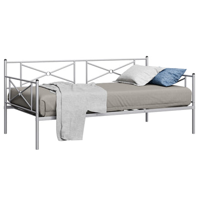 Metal Daybed Twin Bed Frame Stable Steel Slats Sofa Bed-Silver