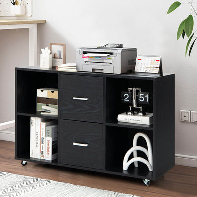 2 Drawer Wood Mobile File Cabinet with 4 Open Compartments-Black