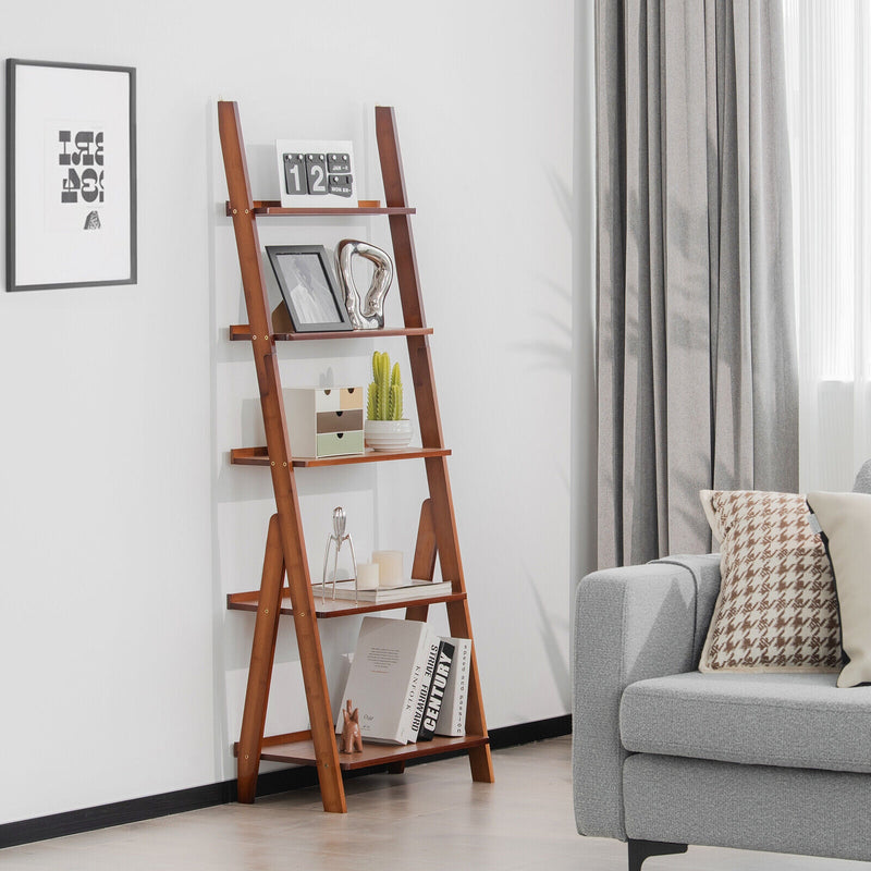 5-Tier Bamboo Ladder Shelf for Home Use-Brown