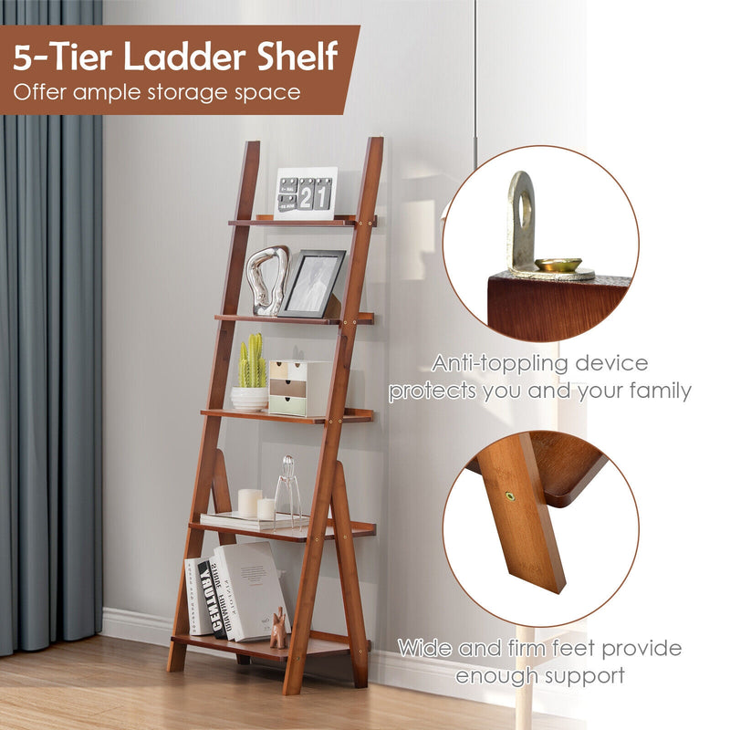 5-Tier Bamboo Ladder Shelf for Home Use-Brown