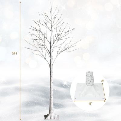 5 Feet Pre-lit White Twig Birch Tree with 72 LED Lights for Christmas