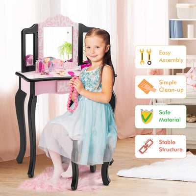 Kid Vanity Set with Tri-Folding Mirror and Leopard Print-Pink