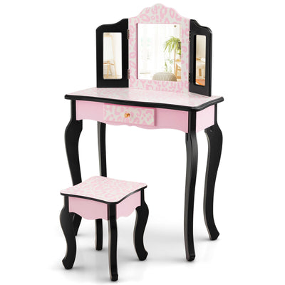 Kid Vanity Set with Tri-Folding Mirror and Leopard Print-Pink