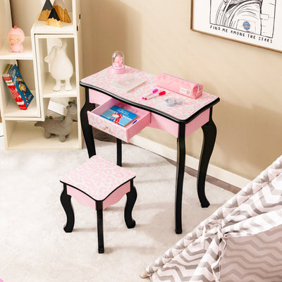 Kid Vanity Set with Tri-Folding Mirror and Leopard Print-Pink