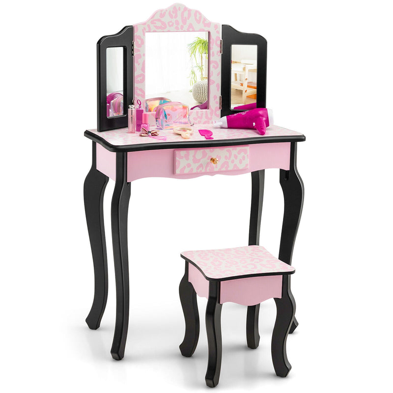 Kid Vanity Set with Tri-Folding Mirror and Leopard Print-Pink