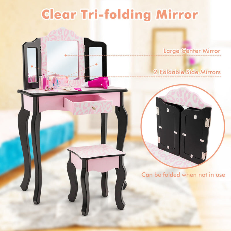 Kid Vanity Set with Tri-Folding Mirror and Leopard Print-Pink