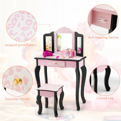 Kid Vanity Set with Tri-Folding Mirror and Leopard Print-Pink