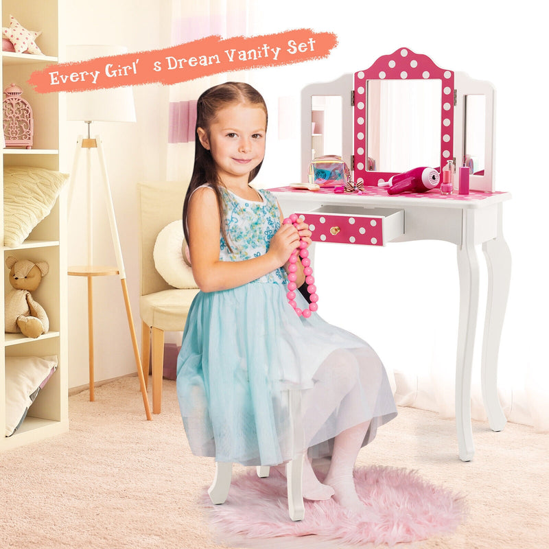 Kids Vanity Table and Stool Set with Cute Polka Dot Print-Pink