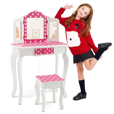 Kids Vanity Table and Stool Set with Cute Polka Dot Print-Pink