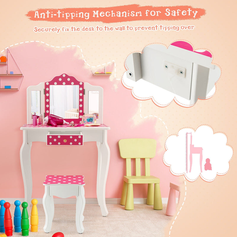 Kids Vanity Table and Stool Set with Cute Polka Dot Print-Pink