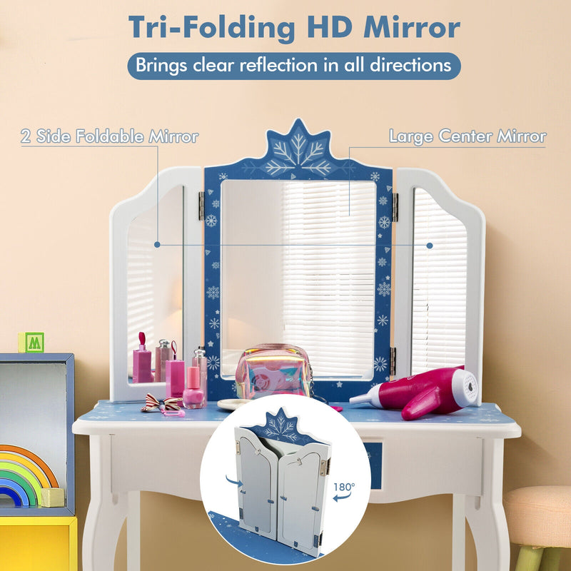 Princess Vanity Table and Chair Set with Tri-Folding Mirror and Snowflake Print-Blue