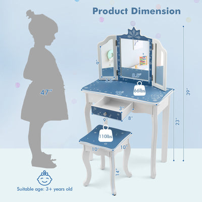 Princess Vanity Table and Chair Set with Tri-Folding Mirror and Snowflake Print-Blue