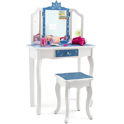 Princess Vanity Table and Chair Set with Tri-Folding Mirror and Snowflake Print-Blue