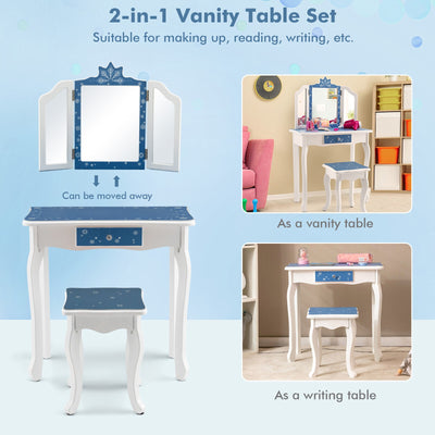 Princess Vanity Table and Chair Set with Tri-Folding Mirror and Snowflake Print-Blue