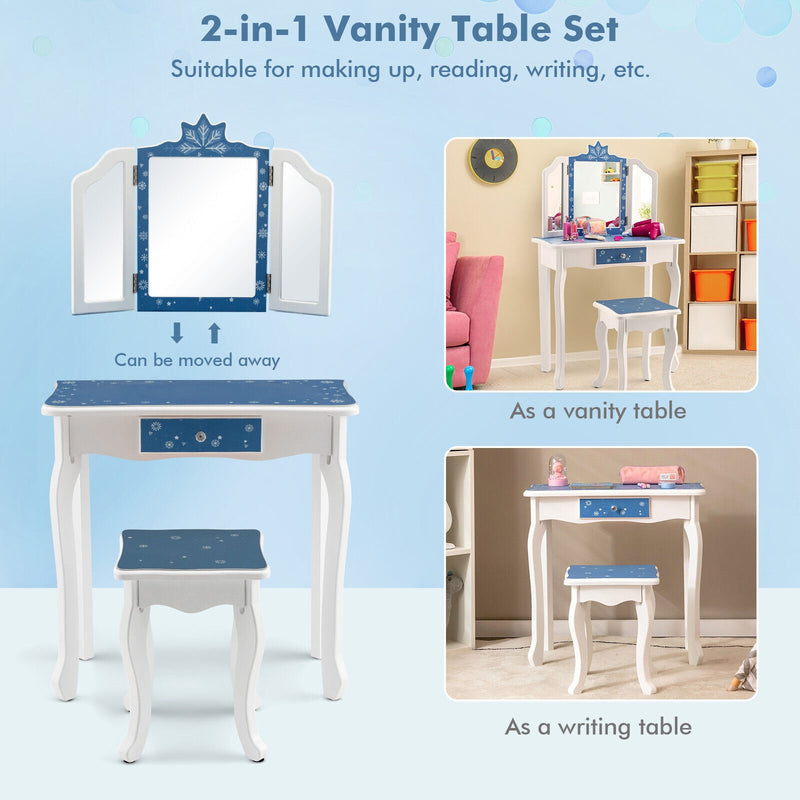 Princess Vanity Table and Chair Set with Tri-Folding Mirror and Snowflake Print-Blue