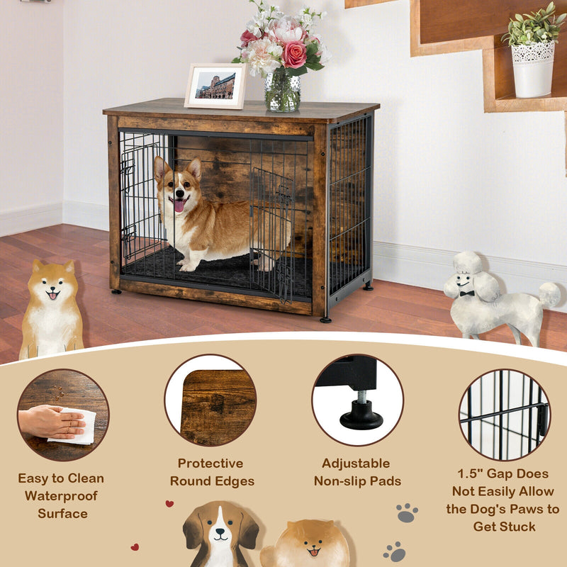 Wooden Dog Crate Furniture with Tray and Double Door-Brown