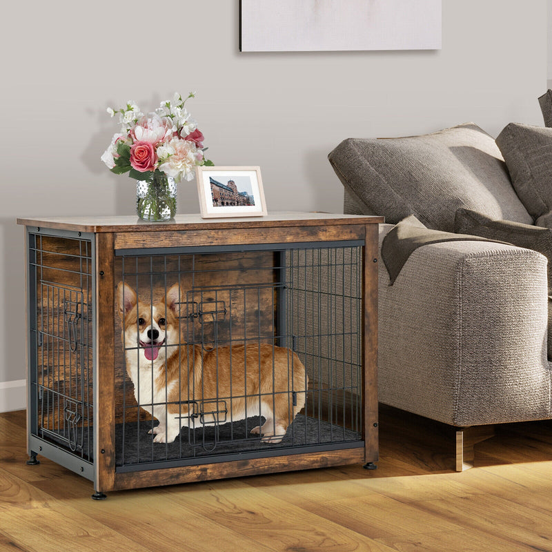 Wooden Dog Crate Furniture with Tray and Double Door-Brown