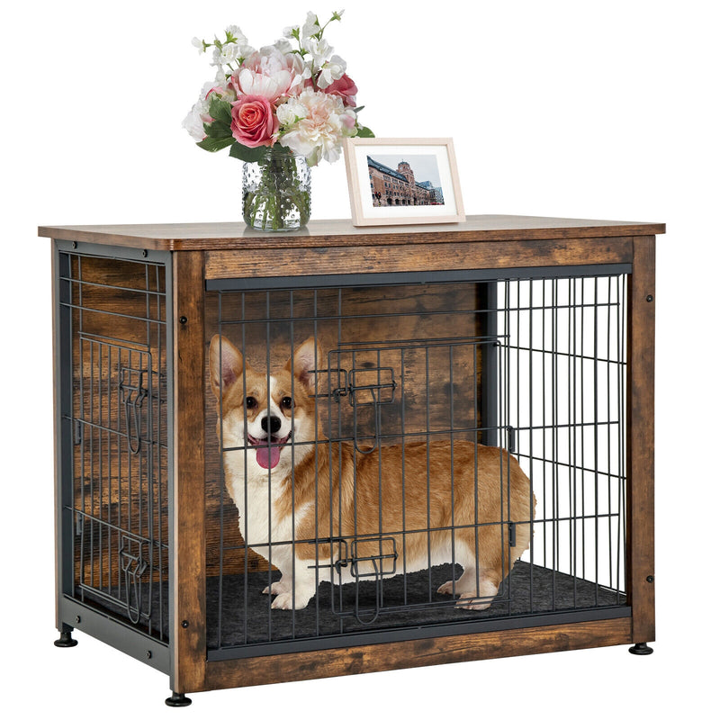 Wooden Dog Crate Furniture with Tray and Double Door-Brown