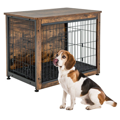 Wooden Dog Crate Furniture with Tray and Double Door-Brown