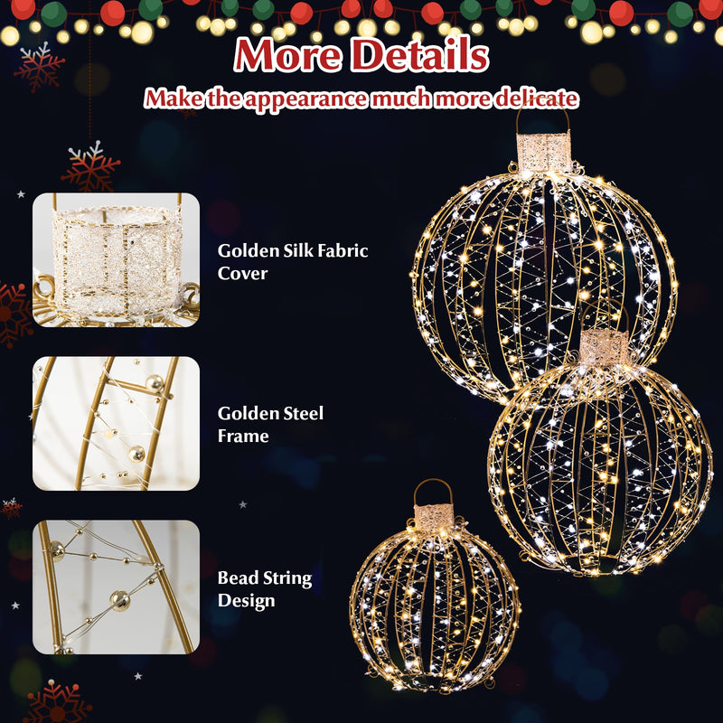 3 Pack Christmas LED Light Balls with Cable Ties and 6 Stakes-Golden