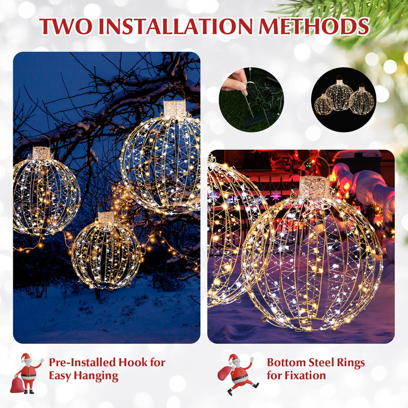 3 Pack Christmas LED Light Balls with Cable Ties and 6 Stakes-Golden