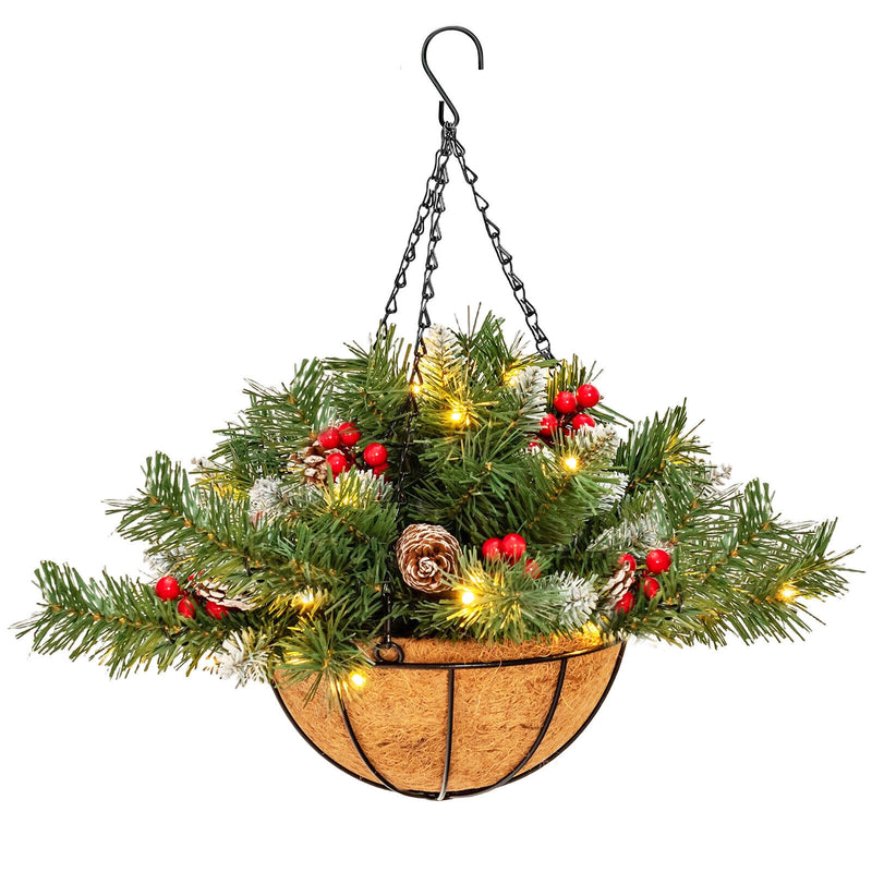 Pre-Lit Artificial Christmas Hanging Basket with Pine Cones