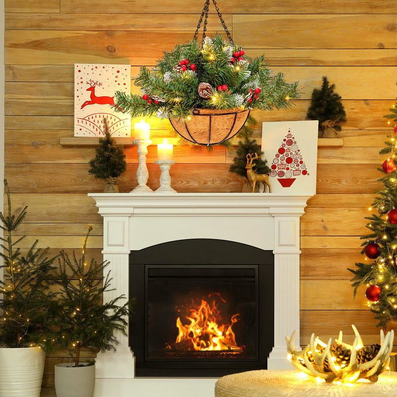 Pre-Lit Artificial Christmas Hanging Basket with Pine Cones