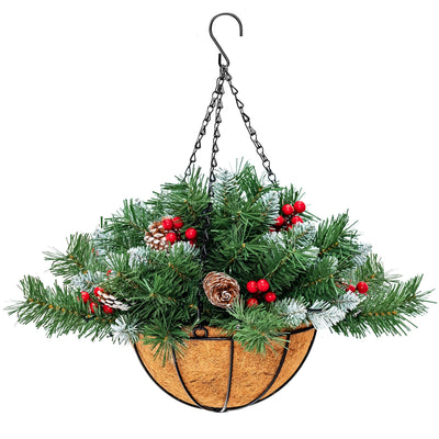 Pre-Lit Artificial Christmas Hanging Basket with Pine Cones