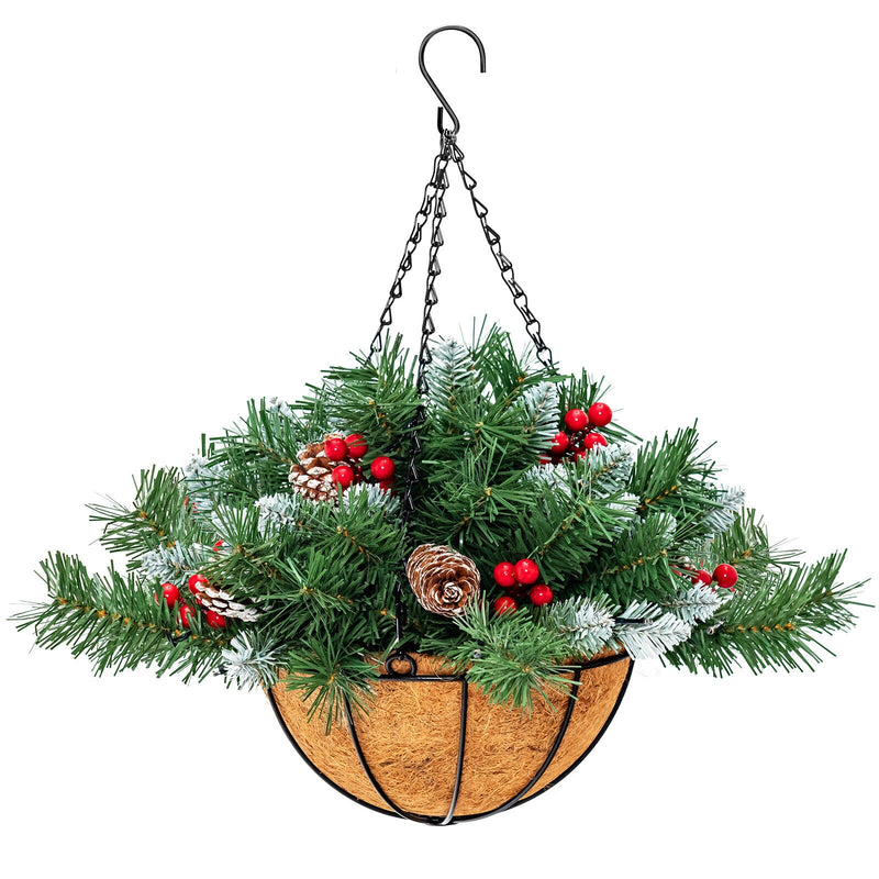 Pre-Lit Artificial Christmas Hanging Basket with Pine Cones