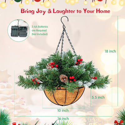 Pre-Lit Artificial Christmas Hanging Basket with Pine Cones