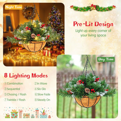 Pre-Lit Artificial Christmas Hanging Basket with Pine Cones