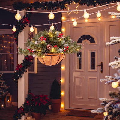 Pre-Lit Artificial Christmas Hanging Basket with Pine Cones