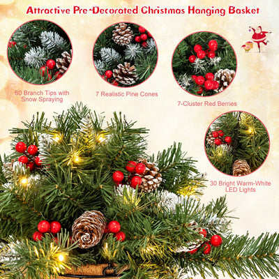 Pre-Lit Artificial Christmas Hanging Basket with Pine Cones