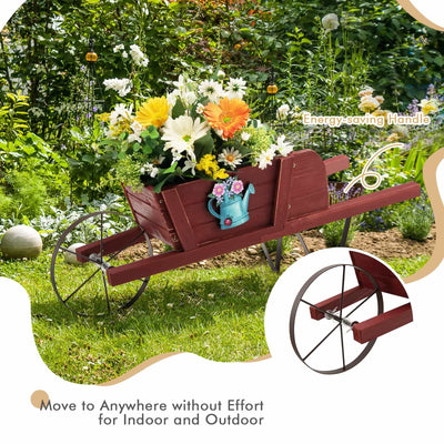 Wooden Wagon Planter with 9 Magnetic Accessories for Garden Yard-Red