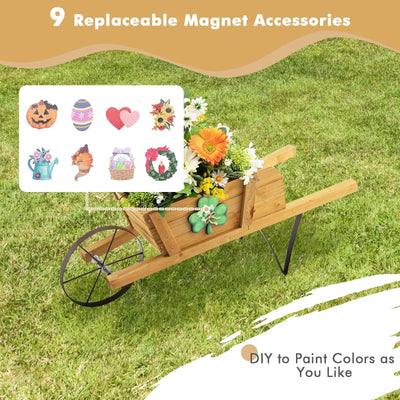 Wooden Wagon Planter with 9 Magnetic Accessories for Garden Yard-Walnut