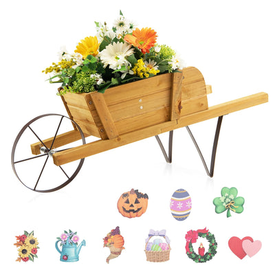 Wooden Wagon Planter with 9 Magnetic Accessories for Garden Yard-Walnut