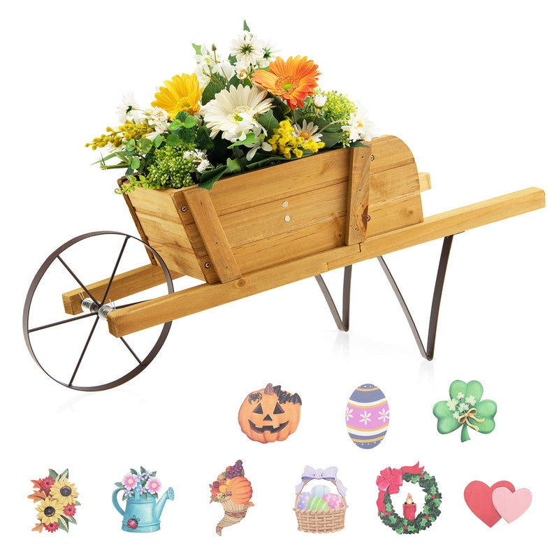 Wooden Wagon Planter with 9 Magnetic Accessories for Garden Yard-Walnut