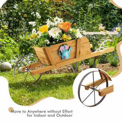 Wooden Wagon Planter with 9 Magnetic Accessories for Garden Yard-Walnut